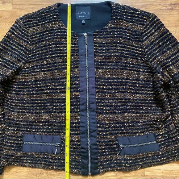 MING WANG Sapphire XL Black Gold Tweed Sparkle Zip Evening Cocktail Party Blazer - Picture 14 of 16